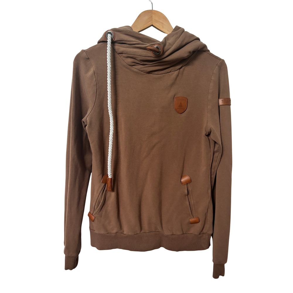 Wanakome Brown Cowl Neck Hoodie Vegan Leather Patch Womens Small